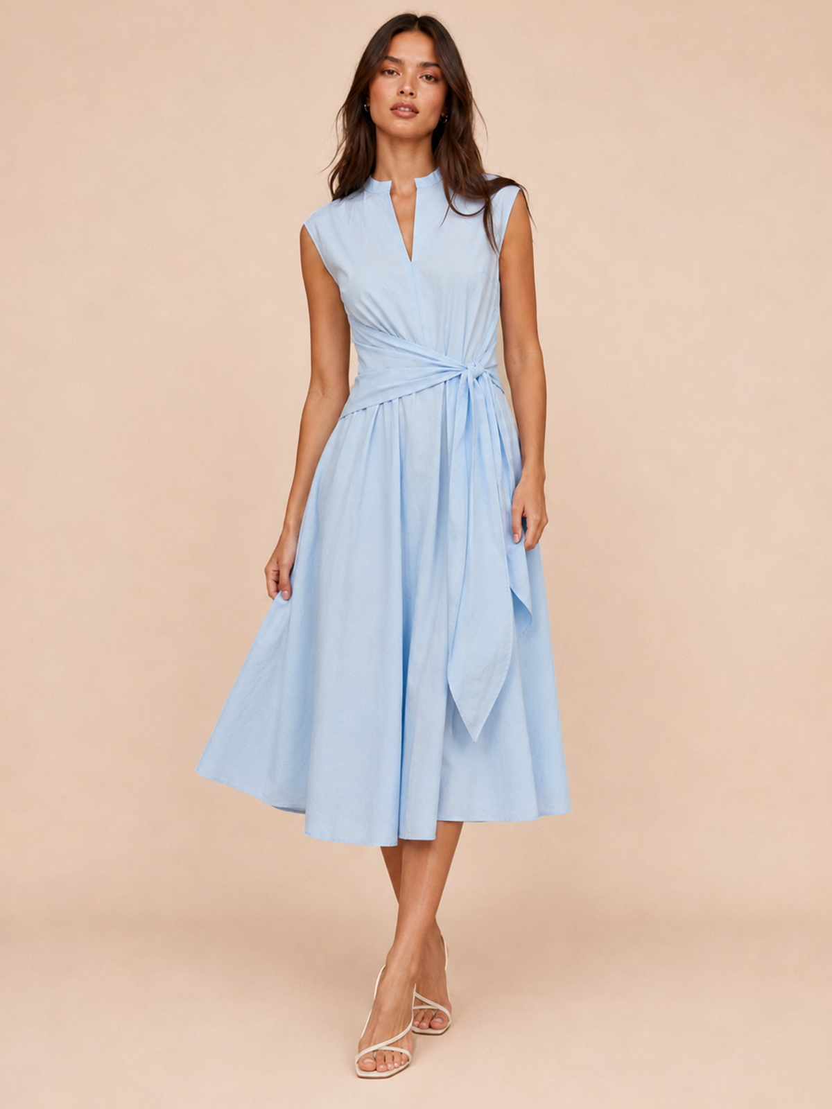 Vestido midi sin mangas de mezcla de algodón con lazo en la cintura