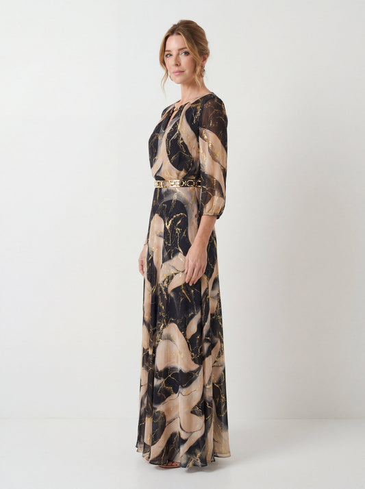 Vestido Largo Amalia en Gasa Estampada con Escote en V