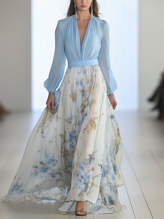 Vestido Largo Penélope en Azul Cielo con Falda Floral