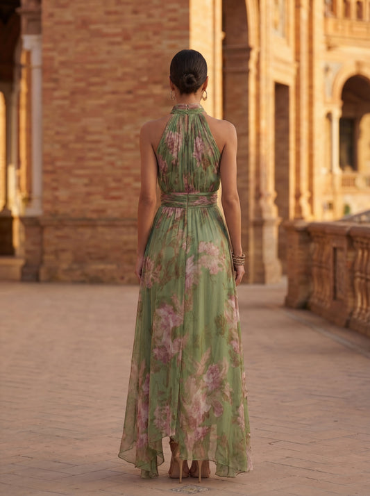 Vestido Largo Olivia en Tul Floral con Cuello Halter