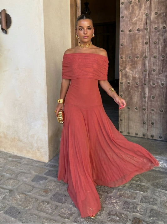 Vestido Largo Simba en Tul de Seda Chocolate con Escote Bardot