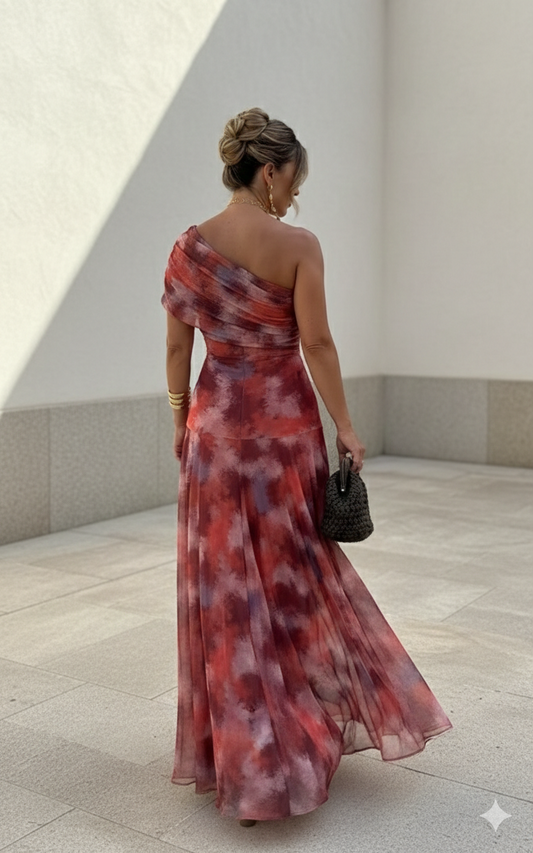Vestido Largo Luna en Satén Estampado con Escote Asimétrico