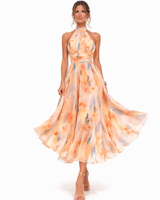 Vestido Largo Aurora en Satén con Cuello Halter y Estampado Acuarela
