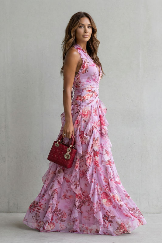 Vestido Largo Carlota con Cuello Halter y Estampado Floral Rosa