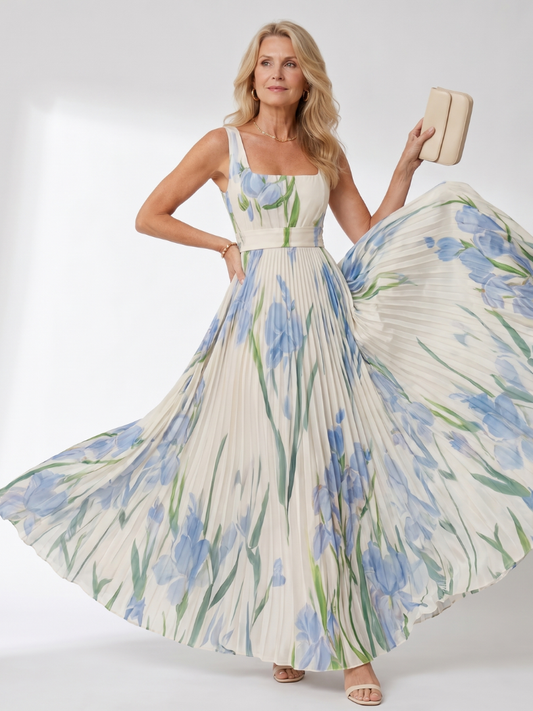 Vestido Largo Marina en Satén Floral con Escote Cuadrado