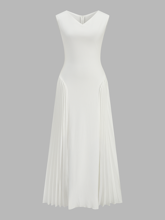 Vestido midi sin mangas de pico con panel plisado