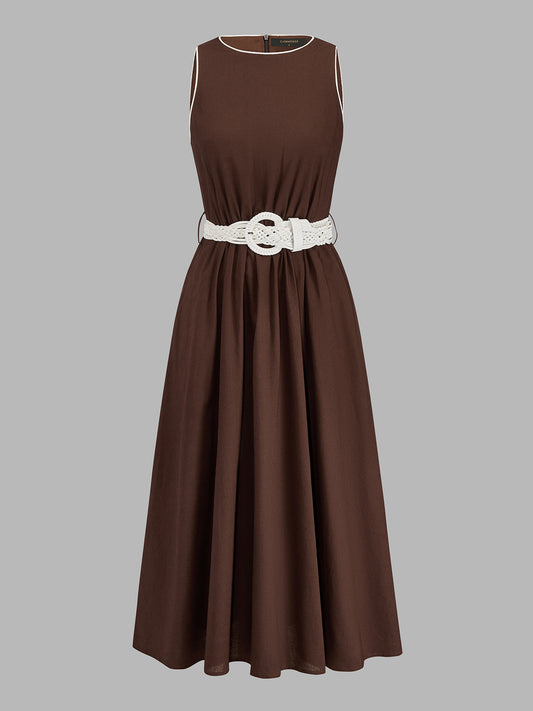 Vestido Midi de Lino y Algodón Sin Mangas con Cinturón