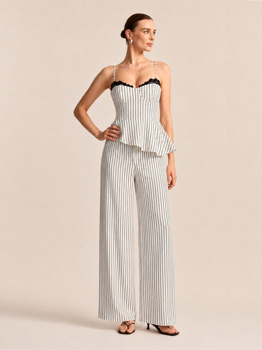 Conjunto de top peplum a rayas con encaje y pantalón