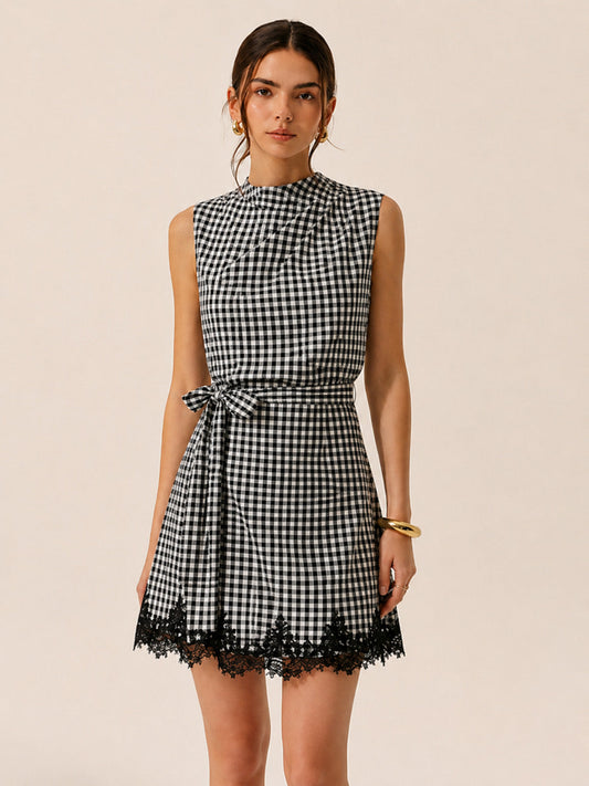 Vestido mini de cuadros vichy con lazo y ribete de encaje