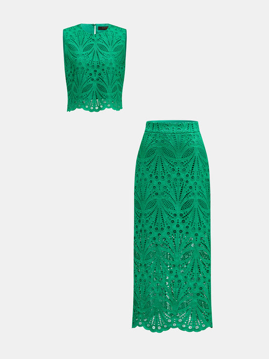 Conjunto de Dos Piezas con Falda y Detalle de Encaje Calado