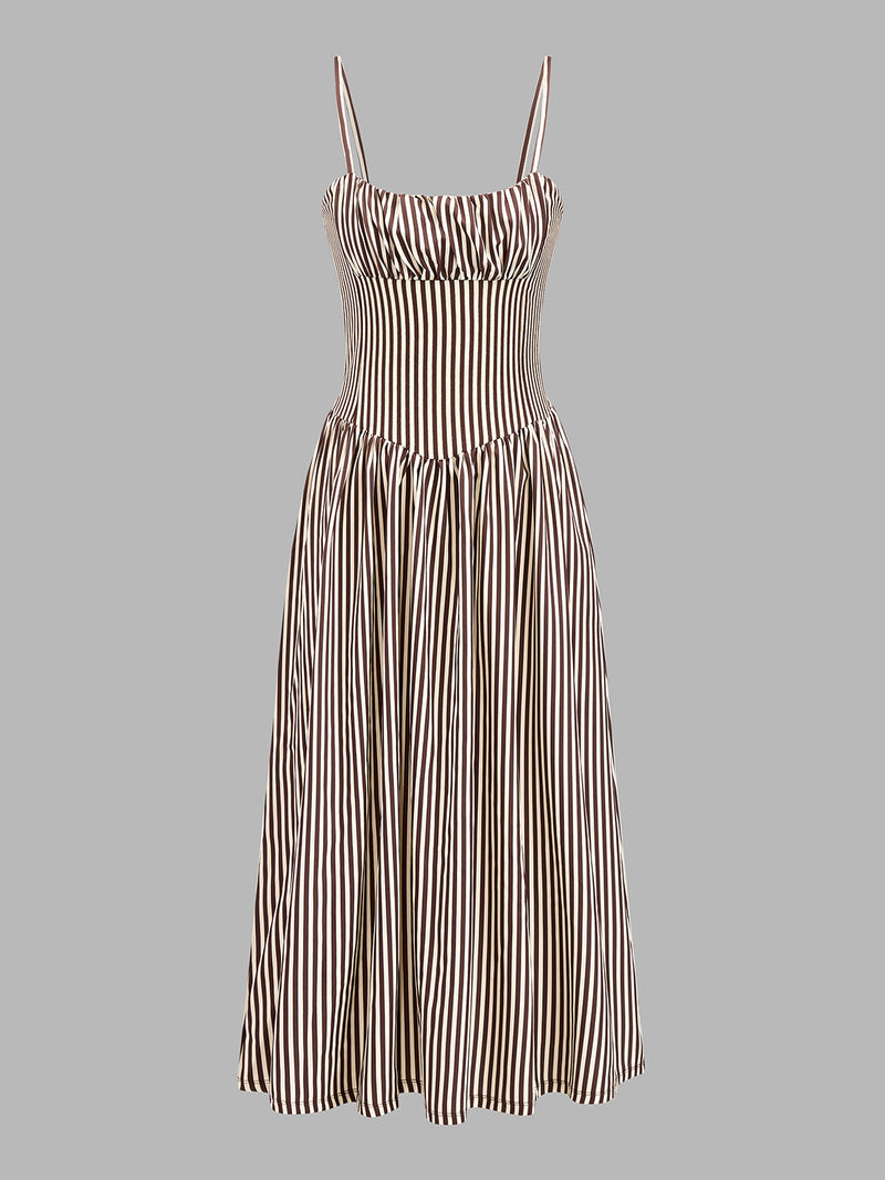 Vestido midi de tirantes a rayas con pecho fruncido