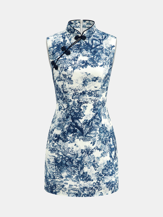 Vestido mini sin mangas con estampado toile y botones de alamar