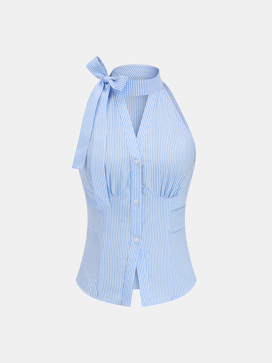 Blusa sin mangas a rayas con cuello halter y lazo