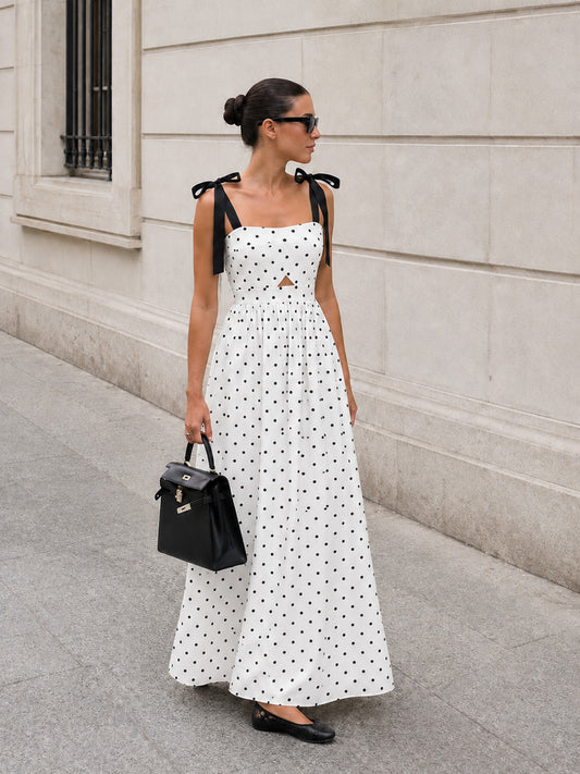 Vestido Lencero Midi de Lunares con Tirantes de Lazo