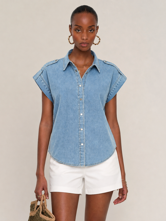 Camisa Vaquera Sin Mangas con Charreteras y Botones Metálicos