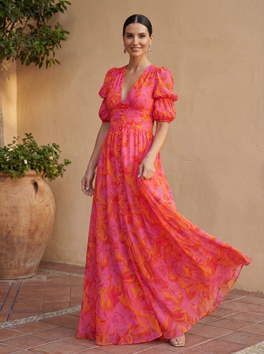 Vestido Largo Olvera en Fucsia y Naranja con Escote Cruzado