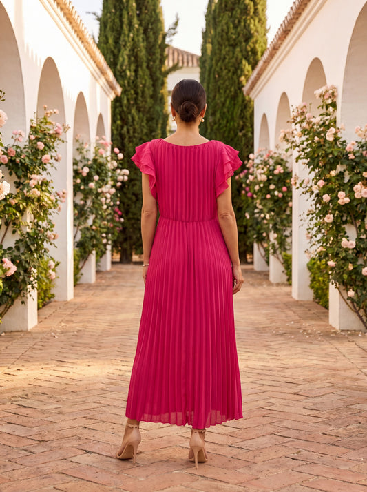 Vestido Midi Selena en Fucsia con Plisado Elegante