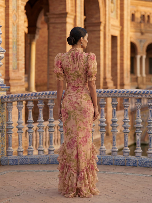 Vestido Largo Rosario en Seda Floral con Cuello Alto