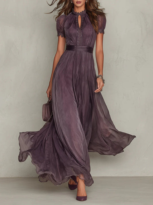 Vestido Largo Flavia en Tul Malva con Falda Plisada