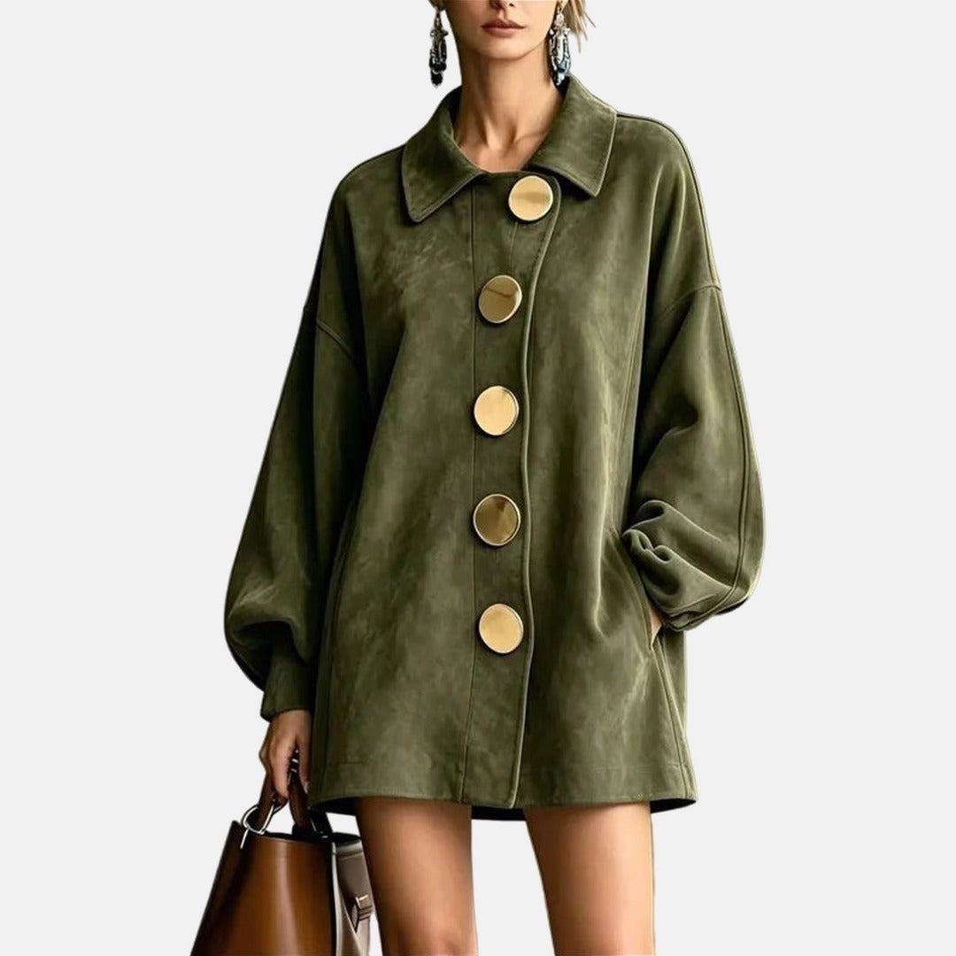 Amelia | Manteau Effet Daim à Boutons Dorés