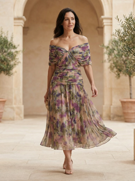 Vestido Midi Santana en Seda Floral con Escote Bardot